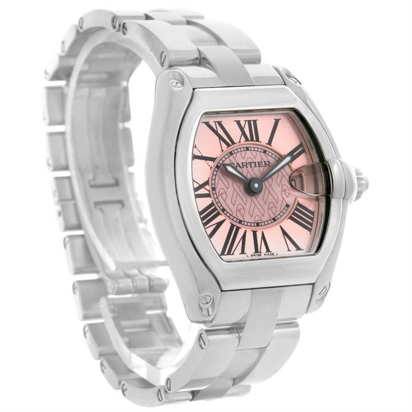 The Cartier Roadster W62043V3 Women's Stainless Steel Pink Dial W62043V3 Women's Stainless Steel Pink Dial watch is shown at an angle highlighting its face, bracelet, case, and unique crown.