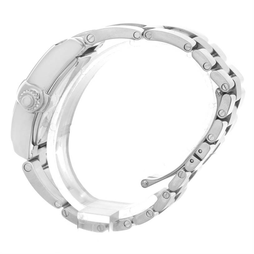 The image shows a side profile of the Cartier Roadster W62043V3 Women's Stainless Steel Pink Dial W62043V3 Women's Stainless Steel Pink Dial watch, focusing on its bracelet and knurled crown.