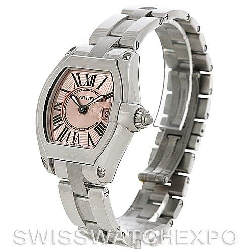 This image shows a side-angle view of the Cartier Roadster W62017V3 Women
s Stainless Steel Pink Dial W62017V3 Women
s Stainless Steel Pink Dial watch, highlighting its pink dial, bracelet, and crown.