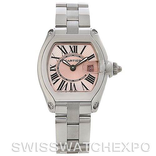 The image shows a front view of a Cartier Roadster W62017V3 Women
s Stainless Steel Pink Dial W62017V3 Women
s Stainless Steel Pink Dial watch, showcasing its dial, case, and bracelet.