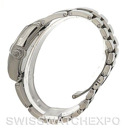 This image shows a side view of a Cartier Roadster W62017V3 Women
s Stainless Steel Pink Dial W62017V3 Women
s Stainless Steel Pink Dial watch, highlighting the bracelet and case with the crown visible on the left.