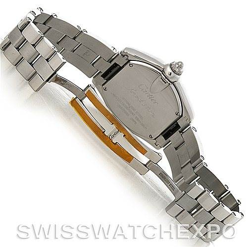 The image shows the backside and clasp of a Cartier Roadster W62017V3 Women
s Stainless Steel Pink Dial W62017V3 Women
s Stainless Steel Pink Dial watch, highlighting the bracelet and deployment clasp.