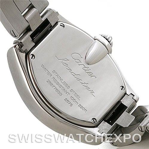 This image shows the back case of a Cartier Roadster W62017V3 Women
s Stainless Steel Pink Dial W62017V3 Women
s Stainless Steel Pink Dial watch, highlighting its stainless steel construction and water resistance details.