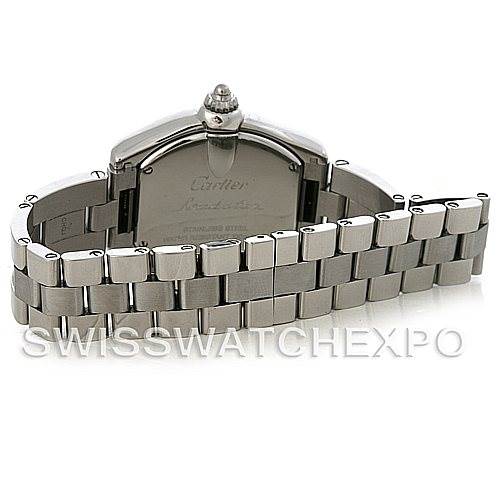 The image shows the back view of a Cartier Roadster W62017V3 Women
s Stainless Steel Pink Dial W62017V3 Women
s Stainless Steel Pink Dial watch, highlighting its stainless steel bracelet and case back.