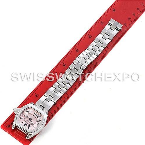 This Cartier Roadster W62017V3 Women
s Stainless Steel Pink Dial W62017V3 Women
s Stainless Steel Pink Dial watch is shown from an overhead angle, lying flat with a red ruler for scale.
