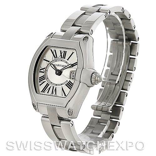 This image shows a Cartier Roadster W62016V3 Women
s Stainless Steel Silver Dial W62016V3 Women
s Stainless Steel Silver Dial watch at an angled view, highlighting its face, crown, and stainless steel bracelet.