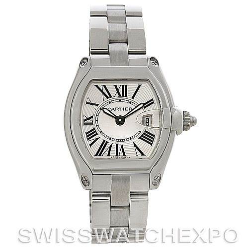 The image shows a frontal view of a Cartier Roadster W62016V3 Women
s Stainless Steel Silver Dial W62016V3 Women
s Stainless Steel Silver Dial watch, highlighting its stainless steel case, bracelet, and Roman numeral dial with a date window.