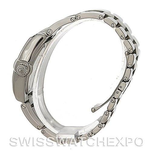 The image shows a side angle of the Cartier Roadster W62016V3 Women
s Stainless Steel Silver Dial W62016V3 Women
s Stainless Steel Silver Dial watch, highlighting its crown, case, and bracelet.