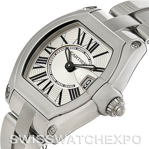 The image shows a Cartier Roadster W62016V3 Women
s Stainless Steel Silver Dial W62016V3 Women
s Stainless Steel Silver Dial watch from an angled side view, highlighting the dial, crown, and part of the bracelet.