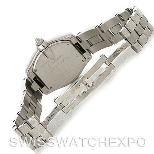 The image shows the back and bracelet of a Cartier Roadster W62016V3 Women
s Stainless Steel Silver Dial W62016V3 Women
s Stainless Steel Silver Dial watch from a rear angle.