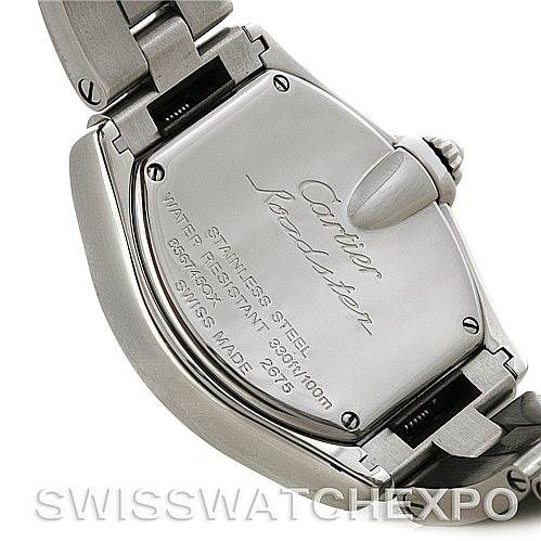 This image shows the back case and clasp of a Cartier Roadster W62016V3 Women
s Stainless Steel Silver Dial W62016V3 Women
s Stainless Steel Silver Dial watch, highlighting its engravings and stainless steel features.