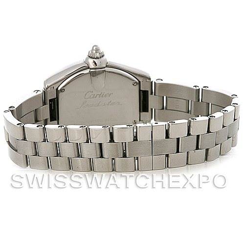 The image shows the back case and bracelet of a Cartier Roadster W62016V3 Women
s Stainless Steel Silver Dial W62016V3 Women
s Stainless Steel Silver Dial watch from a rear angle.