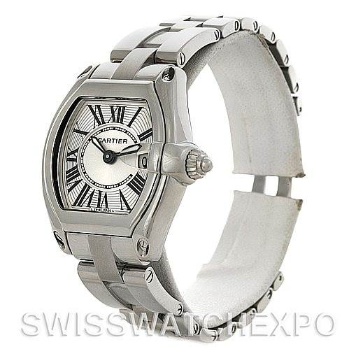 The image shows Cartier Roadster W62016V3 Women
s Stainless Steel Silver Dial W62016V3 Women
s Stainless Steel Silver Dial from an angled side view, displaying the dial, crown, bezel, and part of the bracelet.