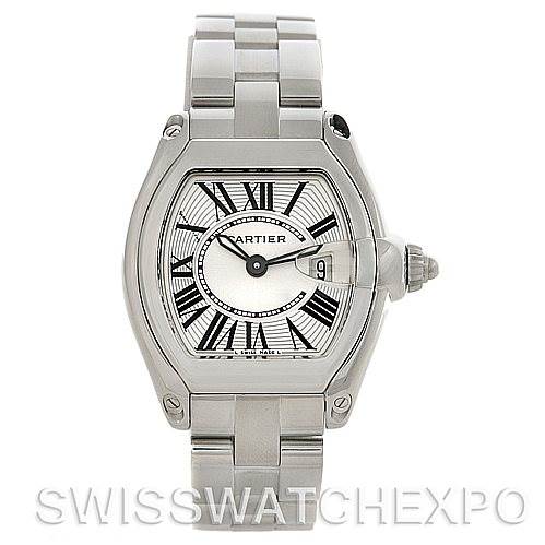 This Roadster model by Cartier is shown from a front angle, displaying the watch face, bracelet, and crown.
