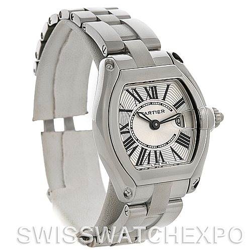 This image shows a Cartier Roadster W62016V3 Women
s Stainless Steel Silver Dial W62016V3 Women
s Stainless Steel Silver Dial watch from a front angle, highlighting the dial, bezel, crown, and part of the bracelet.