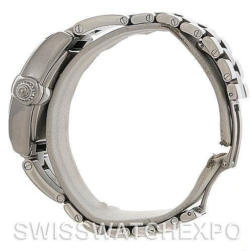 This image shows a Cartier Roadster W62016V3 Women
s Stainless Steel Silver Dial W62016V3 Women
s Stainless Steel Silver Dial watch from a side profile, focusing on the crown, bezel, and bracelet.