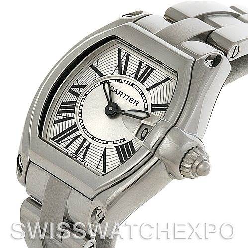The image shows a Cartier Roadster W62016V3 Women
s Stainless Steel Silver Dial W62016V3 Women
s Stainless Steel Silver Dial watch from an angled top view, highlighting its dial, case, and metal bracelet.