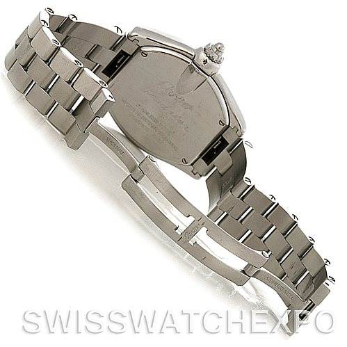 The image shows the back and partially open bracelet of a Cartier Roadster W62016V3 Women
s Stainless Steel Silver Dial W62016V3 Women
s Stainless Steel Silver Dial watch, highlighting the clasp and case back.