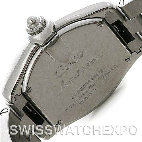 This image shows the back case and bracelet details of a Cartier Roadster W62016V3 Women
s Stainless Steel Silver Dial W62016V3 Women
s Stainless Steel Silver Dial watch at an angled view.