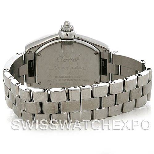 This image shows the back of the Cartier Roadster W62016V3 Women
s Stainless Steel Silver Dial W62016V3 Women
s Stainless Steel Silver Dial watch, highlighting the case back and the stainless steel bracelet.