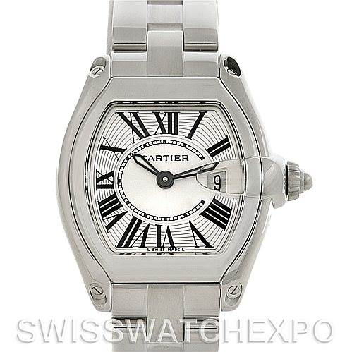 The image shows a front view of the Cartier Roadster W62016V3 Women
s Stainless Steel Silver Dial W62016V3 Women
s Stainless Steel Silver Dial watch, highlighting its face, bezel, and part of the bracelet.