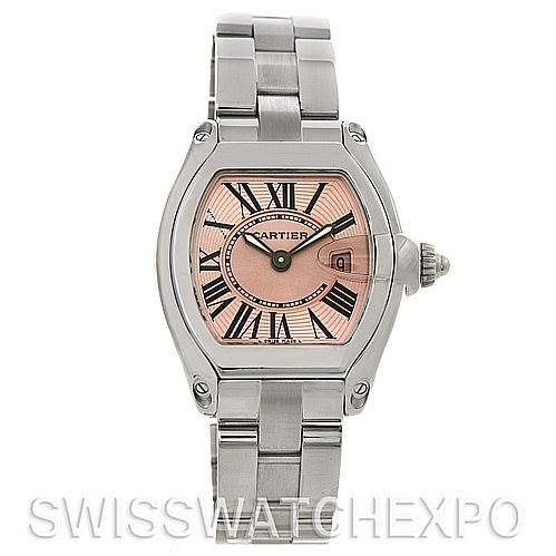 This image shows a front view of the Cartier Roadster W62017V3 Women's Stainless Steel Pink Dial W62017V3 Women's Stainless Steel Pink Dial watch, displaying its face, case, and metal bracelet.