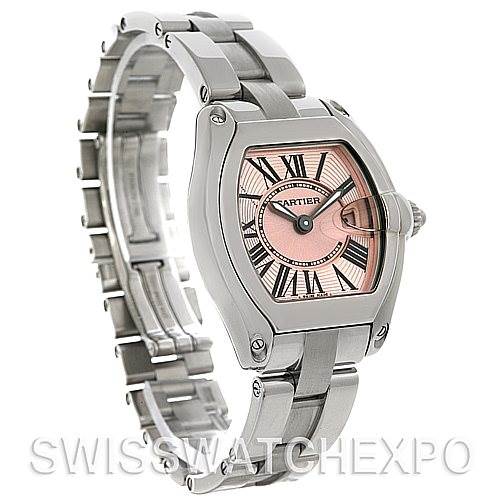 This image shows a Cartier Roadster W62017V3 Women's Stainless Steel Pink Dial W62017V3 Women's Stainless Steel Pink Dial watch at a front-left angle, displaying the face and bracelet.