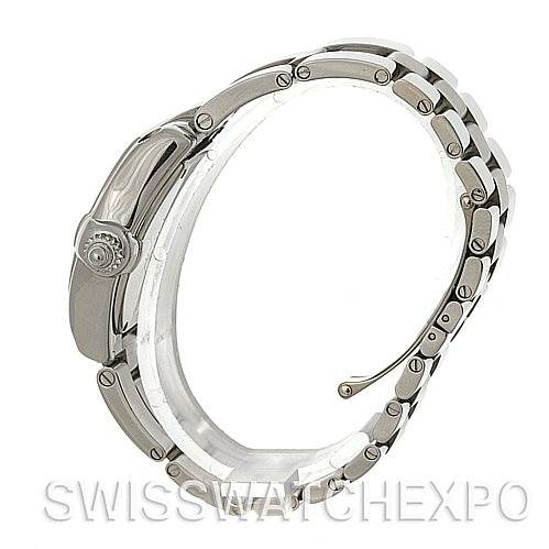 The image shows a side view of a Cartier Roadster W62017V3 Women's Stainless Steel Pink Dial W62017V3 Women's Stainless Steel Pink Dial watch, focusing on its metal bracelet and the crown.