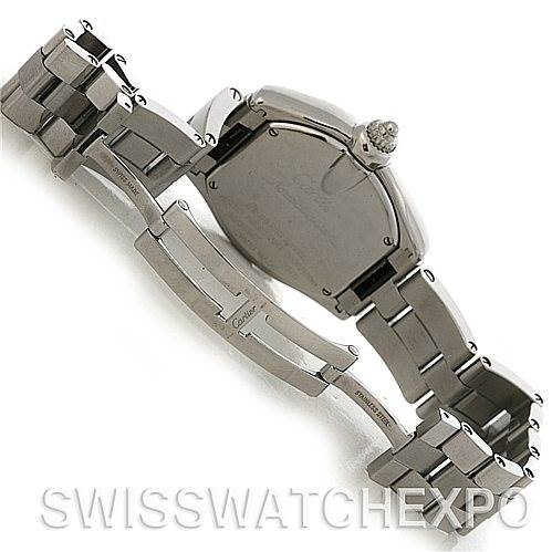 The image shows the backside of the Cartier Roadster W62017V3 Women's Stainless Steel Pink Dial W62017V3 Women's Stainless Steel Pink Dial watch, highlighting its bracelet and clasp.