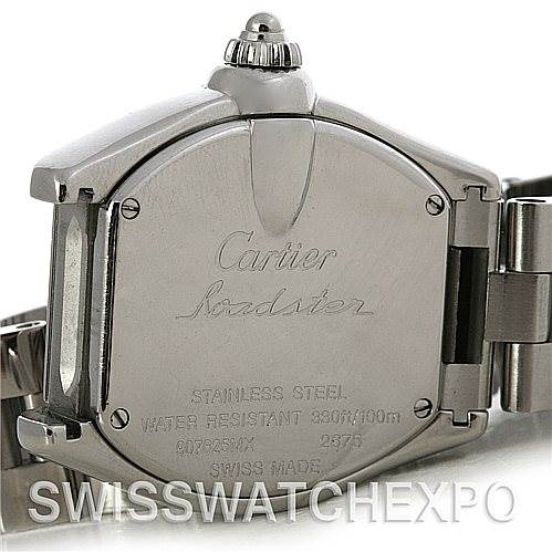 The image shows the back case of a Cartier Roadster W62017V3 Women's Stainless Steel Pink Dial W62017V3 Women's Stainless Steel Pink Dial watch, highlighting its stainless steel construction and water resistance details.