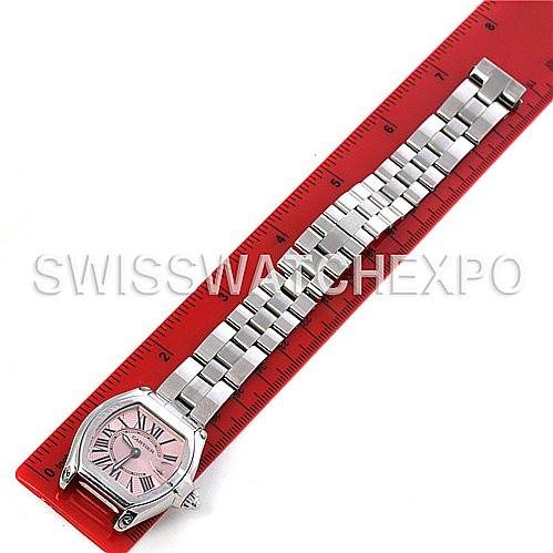 The image shows a Cartier Roadster W62017V3 Women's Stainless Steel Pink Dial W62017V3 Women's Stainless Steel Pink Dial watch from a top-down angle, including the face and metal bracelet, measured against a red ruler.