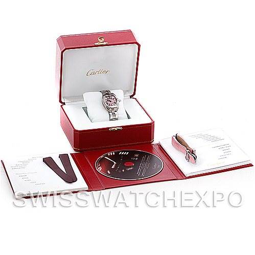 The image shows a Cartier Roadster W62017V3 Women's Stainless Steel Pink Dial W62017V3 Women's Stainless Steel Pink Dial watch in a red presentation box, accompanied by manuals and a CD.