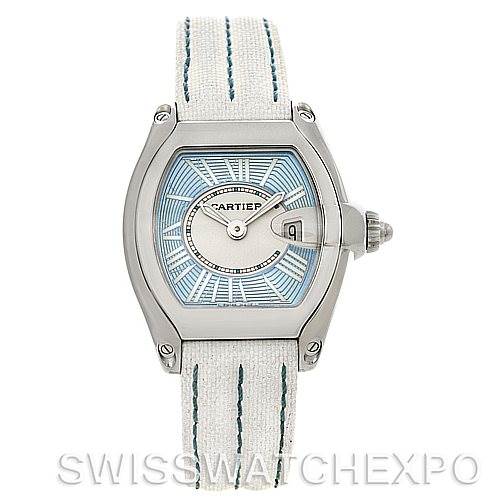 This image shows a front view of a Cartier Roadster W62053V3 Women's Stainless Steel Blue Dial W62053V3 Women's Stainless Steel Blue Dial watch, highlighting its dial, case, and strap.
