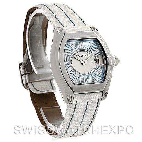 The image shows a Cartier Roadster W62053V3 Women's Stainless Steel Blue Dial W62053V3 Women's Stainless Steel Blue Dial watch from a front-left angle, highlighting its dial, case, and leather strap.
