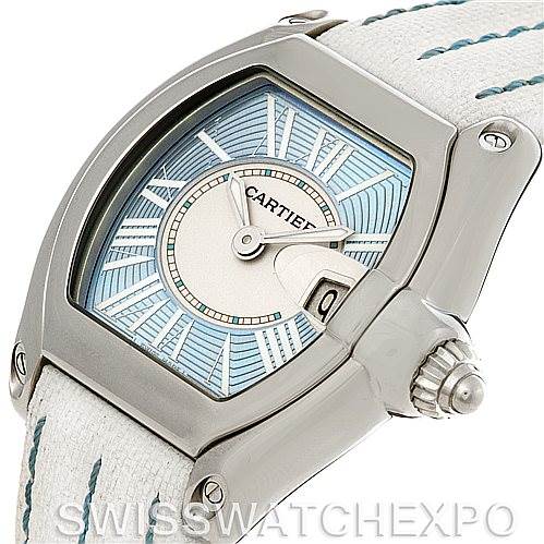 The image shows a Cartier Roadster W62053V3 Women's Stainless Steel Blue Dial W62053V3 Women's Stainless Steel Blue Dial watch from an angled view, highlighting the face, crown, and strap.