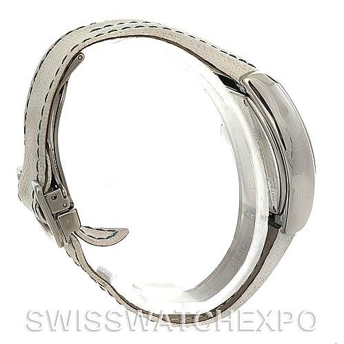 The image shows a Cartier Roadster W62053V3 Women's Stainless Steel Blue Dial W62053V3 Women's Stainless Steel Blue Dial watch from the side, highlighting the watch case and leather strap.