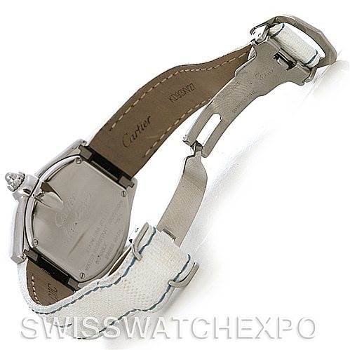 This image shows the underside and open clasp of a Cartier Roadster W62053V3 Women's Stainless Steel Blue Dial W62053V3 Women's Stainless Steel Blue Dial watch, highlighting the back case and leather strap.