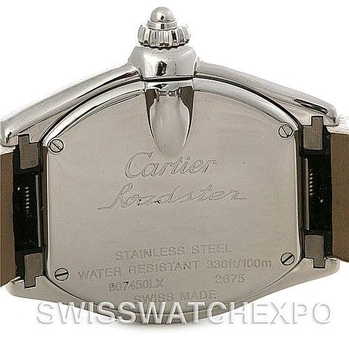 The image shows the back case of the Cartier Roadster W62053V3 Women's Stainless Steel Blue Dial W62053V3 Women's Stainless Steel Blue Dial watch, displaying the brand name, model, and various specifications.