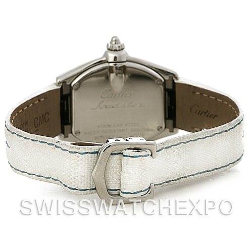 This image shows the back view of a Cartier Roadster W62053V3 Women's Stainless Steel Blue Dial W62053V3 Women's Stainless Steel Blue Dial watch, highlighting its case back and the white leather strap with its clasp.