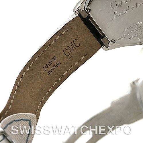 This image shows the underside of the strap and the caseback of a Cartier Roadster W62053V3 Women's Stainless Steel Blue Dial W62053V3 Women's Stainless Steel Blue Dial watch.