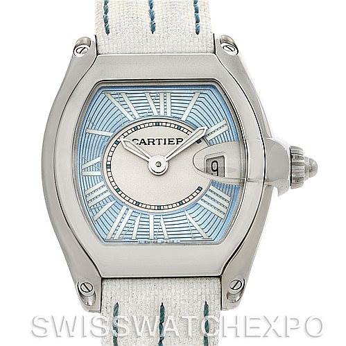 This image shows a front view of the Cartier Roadster W62053V3 Women's Stainless Steel Blue Dial W62053V3 Women's Stainless Steel Blue Dial watch, highlighting the dial, hands, date window, and part of the strap.