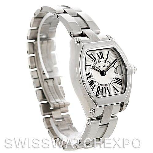 This image shows a Cartier Roadster W62016V3 Women
s Stainless Steel Silver Dial W62016V3 Women
s Stainless Steel Silver Dial watch from a front-side angle, highlighting the face, bracelet, and clasp.