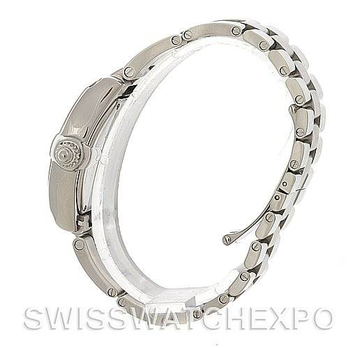 This image shows a side view of the bracelet and crown detail of the Cartier Roadster W62016V3 Women
s Stainless Steel Silver Dial W62016V3 Women
s Stainless Steel Silver Dial watch.