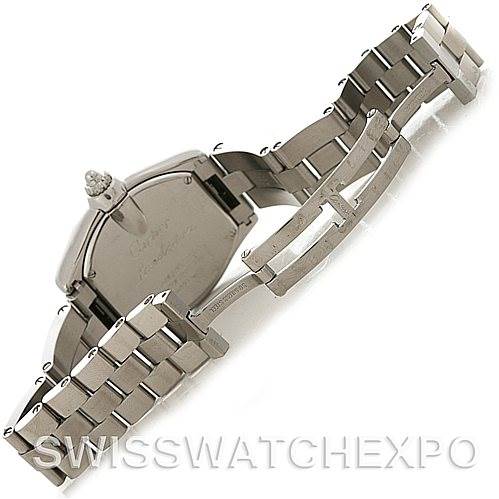 The image shows the back view and unfolded bracelet of a Cartier Roadster W62016V3 Women
s Stainless Steel Silver Dial W62016V3 Women
s Stainless Steel Silver Dial watch.