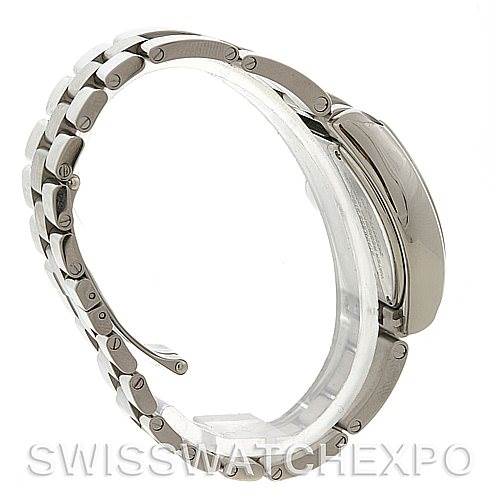 This image shows a side angle of the Cartier Roadster W62016V3 Women
s Stainless Steel Silver Dial W62016V3 Women
s Stainless Steel Silver Dial watch focusing on the bracelet and the side view of the case.