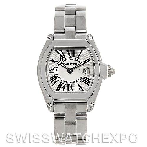 This image shows the front view of a Cartier Roadster W62016V3 Women
s Stainless Steel Silver Dial W62016V3 Women
s Stainless Steel Silver Dial watch, highlighting the dial, hands, and bracelet.