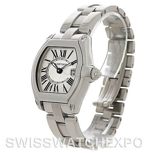 The image shows a Cartier Roadster W62016V3 Women
s Stainless Steel Silver Dial W62016V3 Women
s Stainless Steel Silver Dial watch from a front-right angle, highlighting its face, bezel, crown, and metal bracelet.