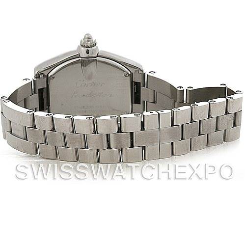 The image shows a Cartier Roadster W62016V3 Women
s Stainless Steel Silver Dial W62016V3 Women
s Stainless Steel Silver Dial watch from the back, highlighting its stainless steel bracelet.