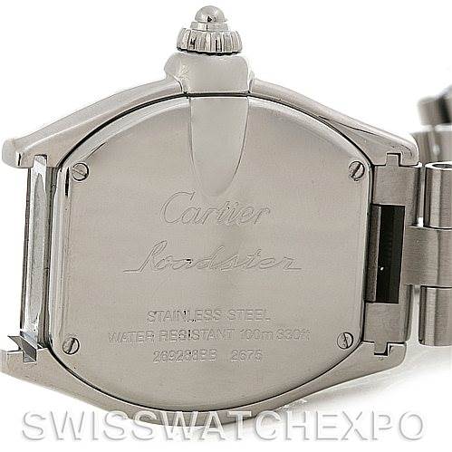 The image shows the back case of a Cartier Roadster W62016V3 Women
s Stainless Steel Silver Dial W62016V3 Women
s Stainless Steel Silver Dial watch, highlighting its branding and specifications.