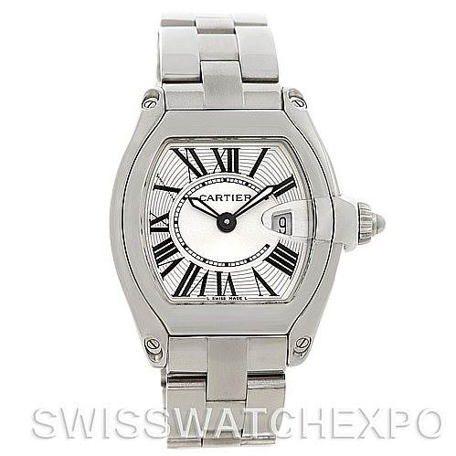 This Cartier Roadster W62016V3 Women
s Stainless Steel Silver Dial W62016V3 Women
s Stainless Steel Silver Dial model watch is shown from a front angle, displaying its face, crown, and stainless steel bracelet.